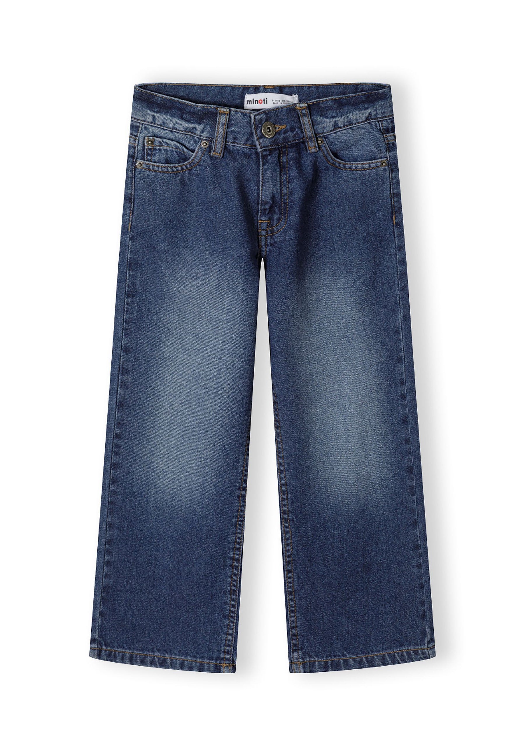 Boys baggy fit denim jeans, zip front, five-pocket design, front view.