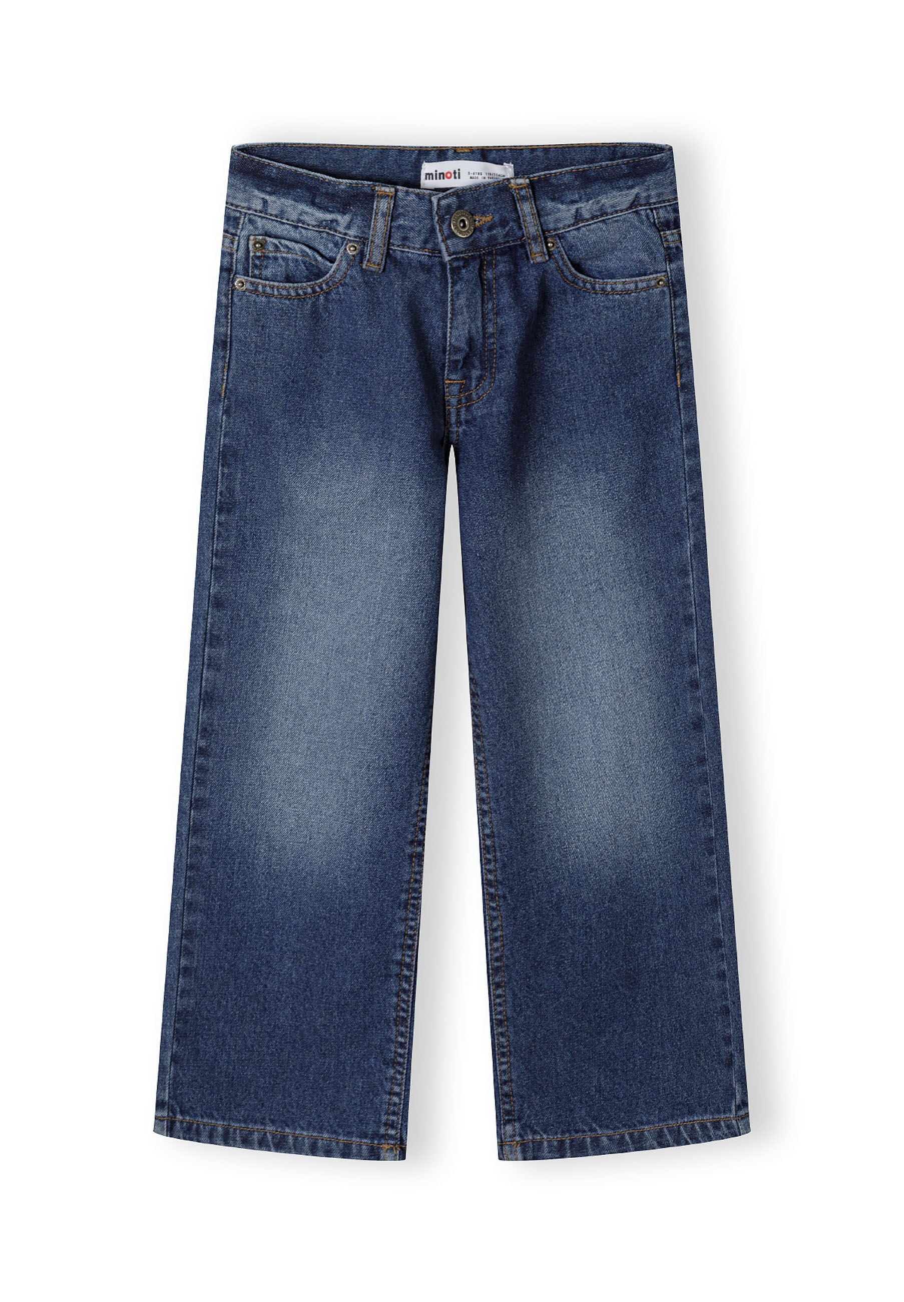 Boys baggy fit denim jeans, zip front, five-pocket design, front view.