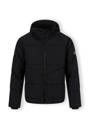 Boys quilted black jacket with hood, zip pockets, and elasticated cuffs.
