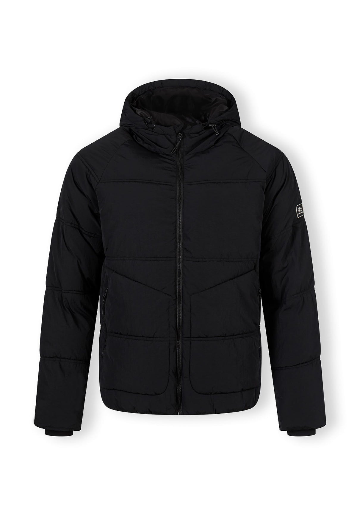 Front of a black puffer jacket.
