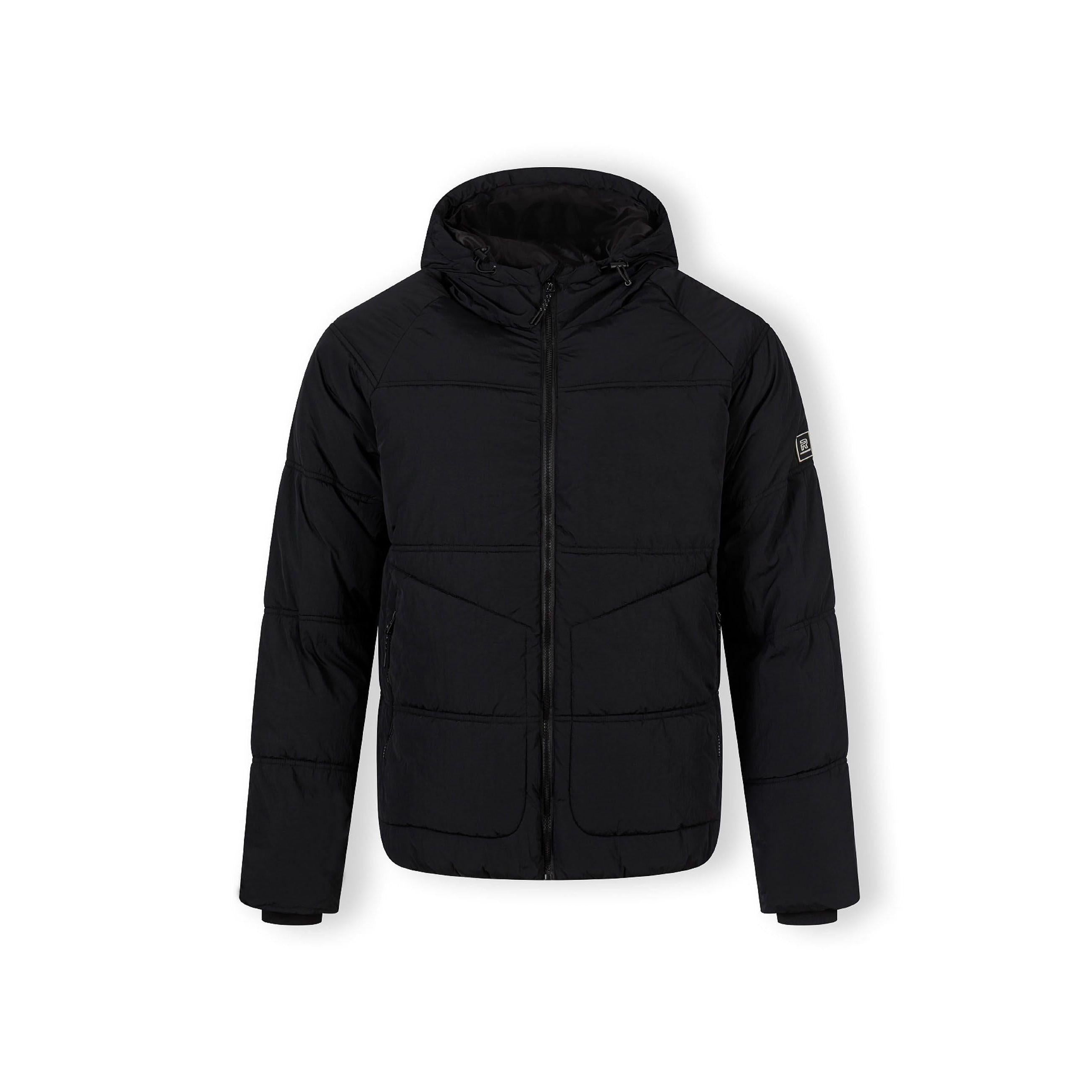 Boys black quilted jacket with hood, zip pockets, raglan sleeves, and sleeve patch.