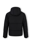 Boys black quilted jacket, back view with hood and elasticated cuffs.