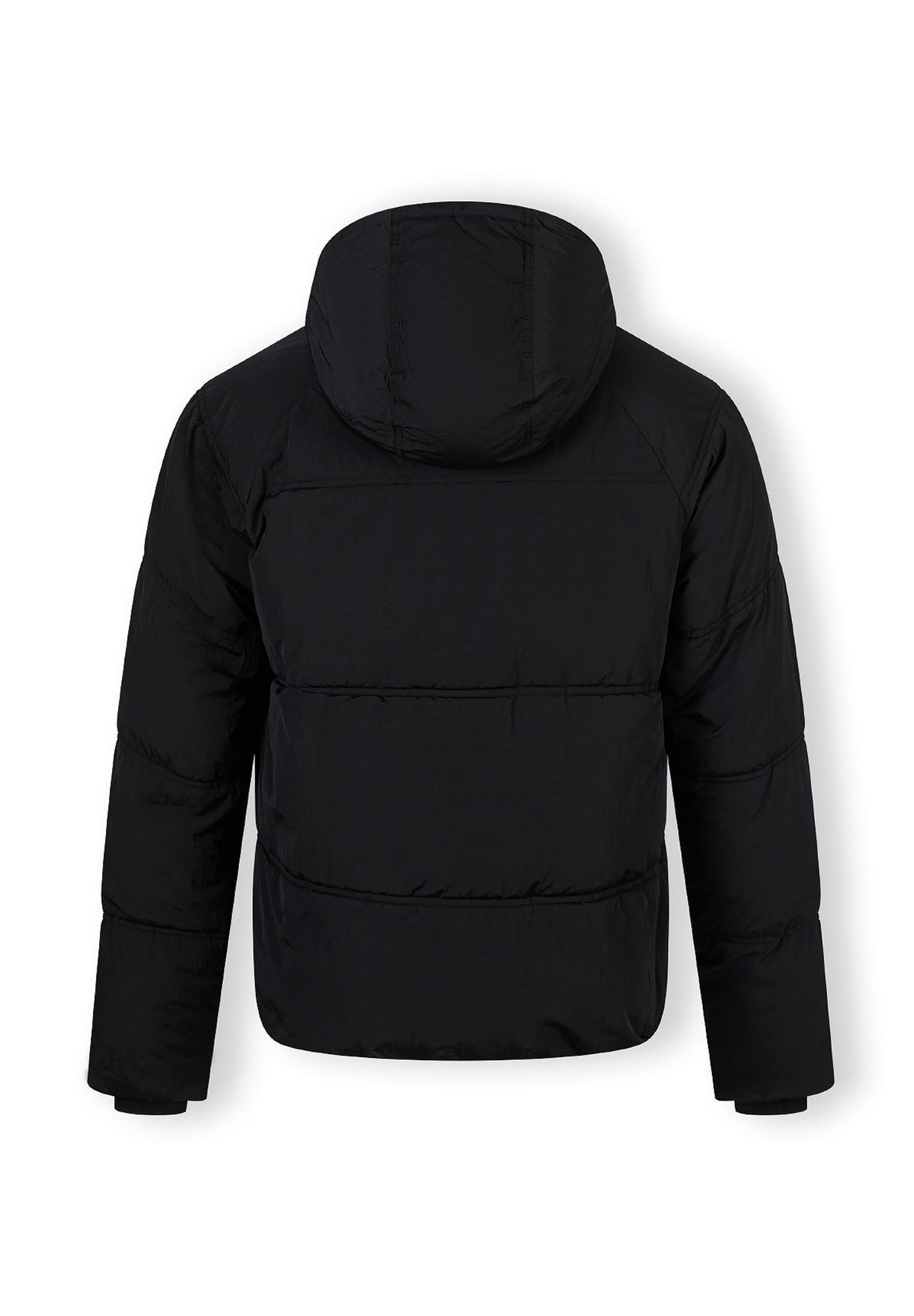 Back of a black puffer jacket.