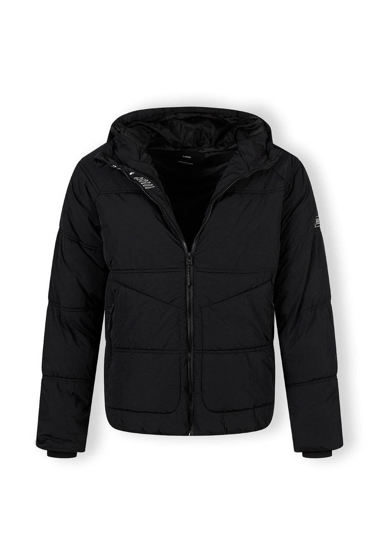 The black puffer jacket shown open to reveal the inside.
