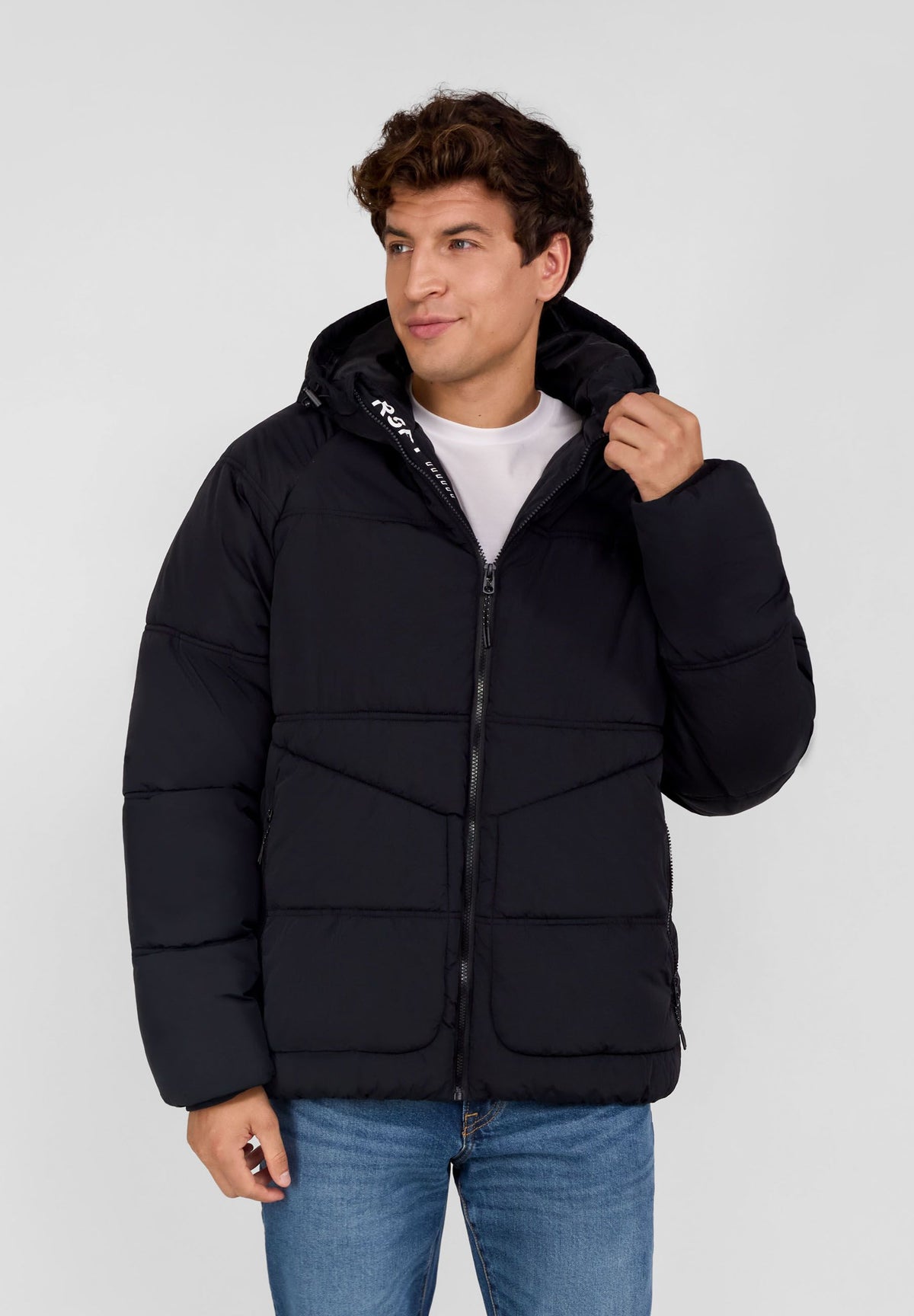 Men's black puffer jacket, shown worn.