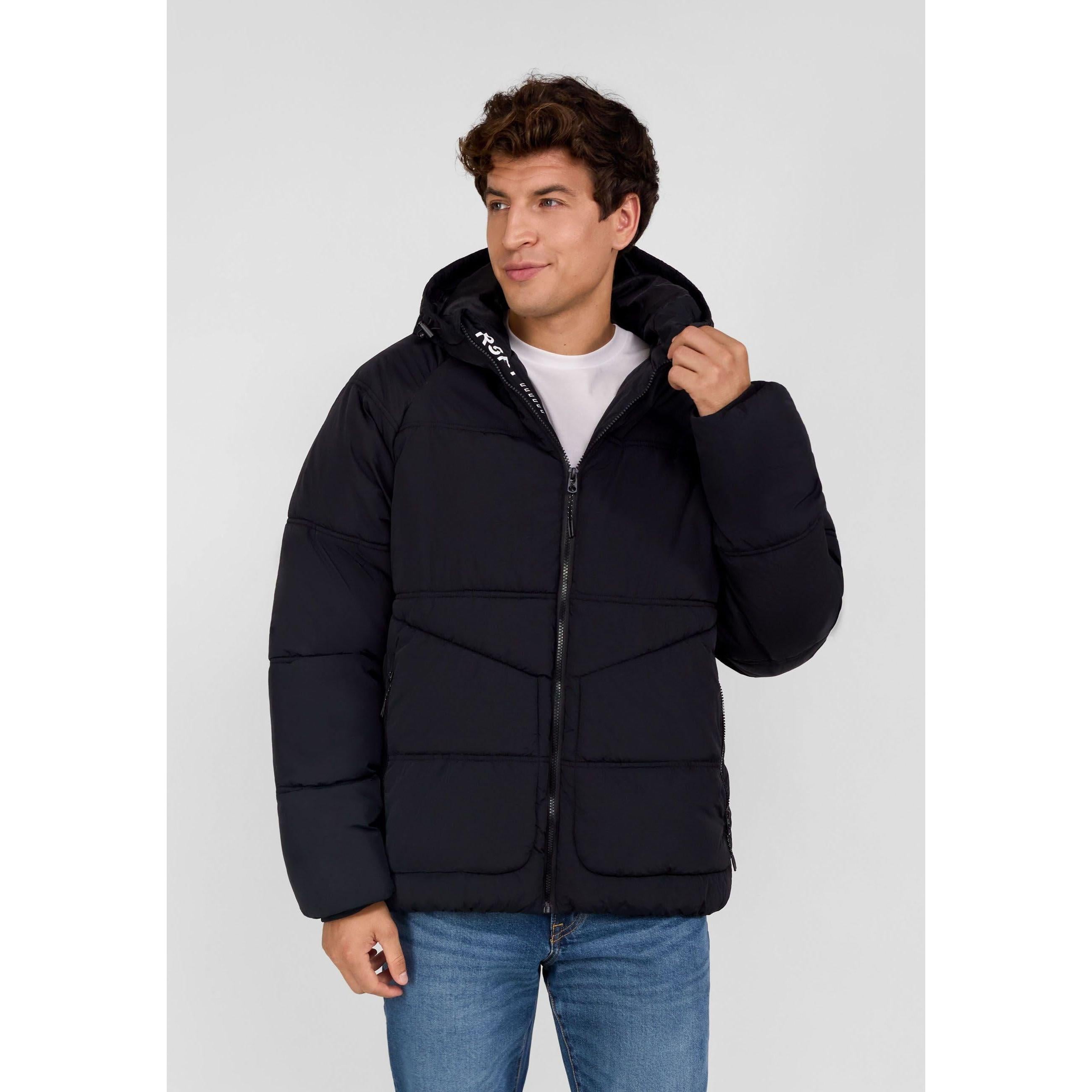 Boys black quilted jacket with hood, zip pockets, and rubber sleeve patch.