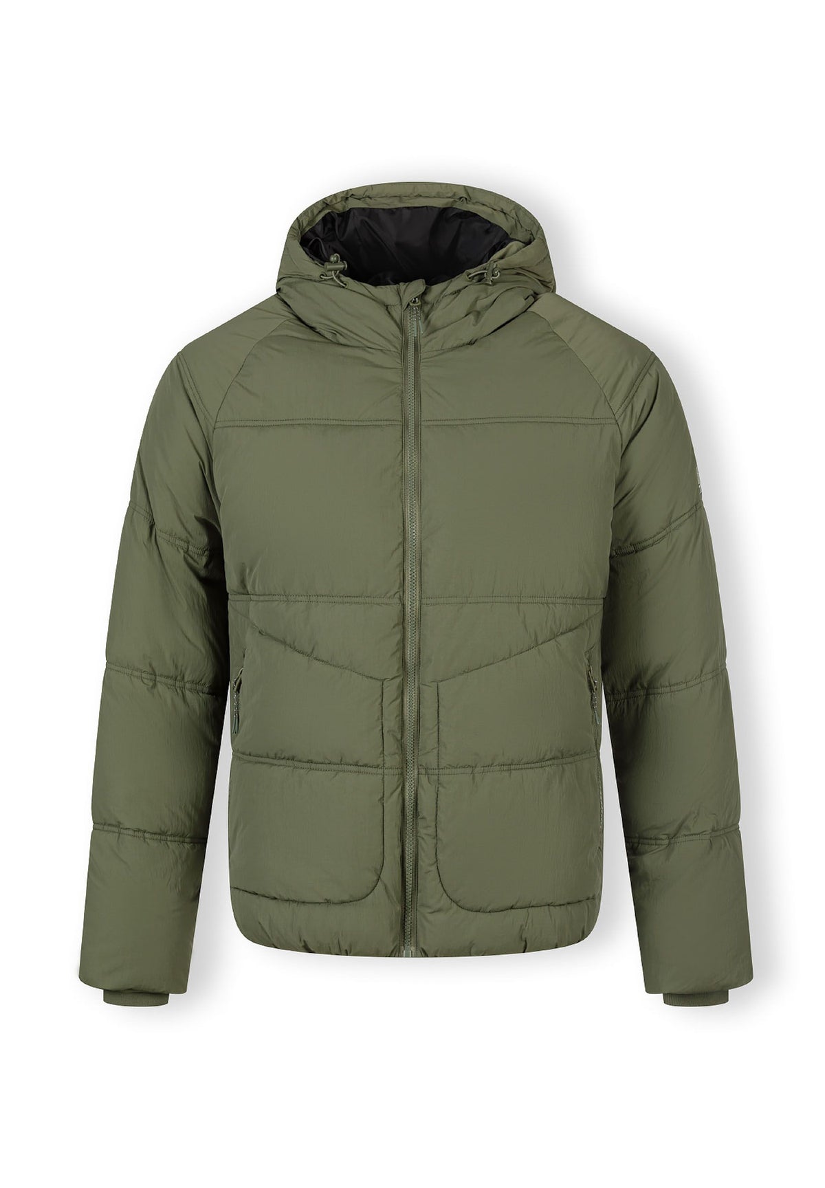 Front of a khaki puffer jacket.
