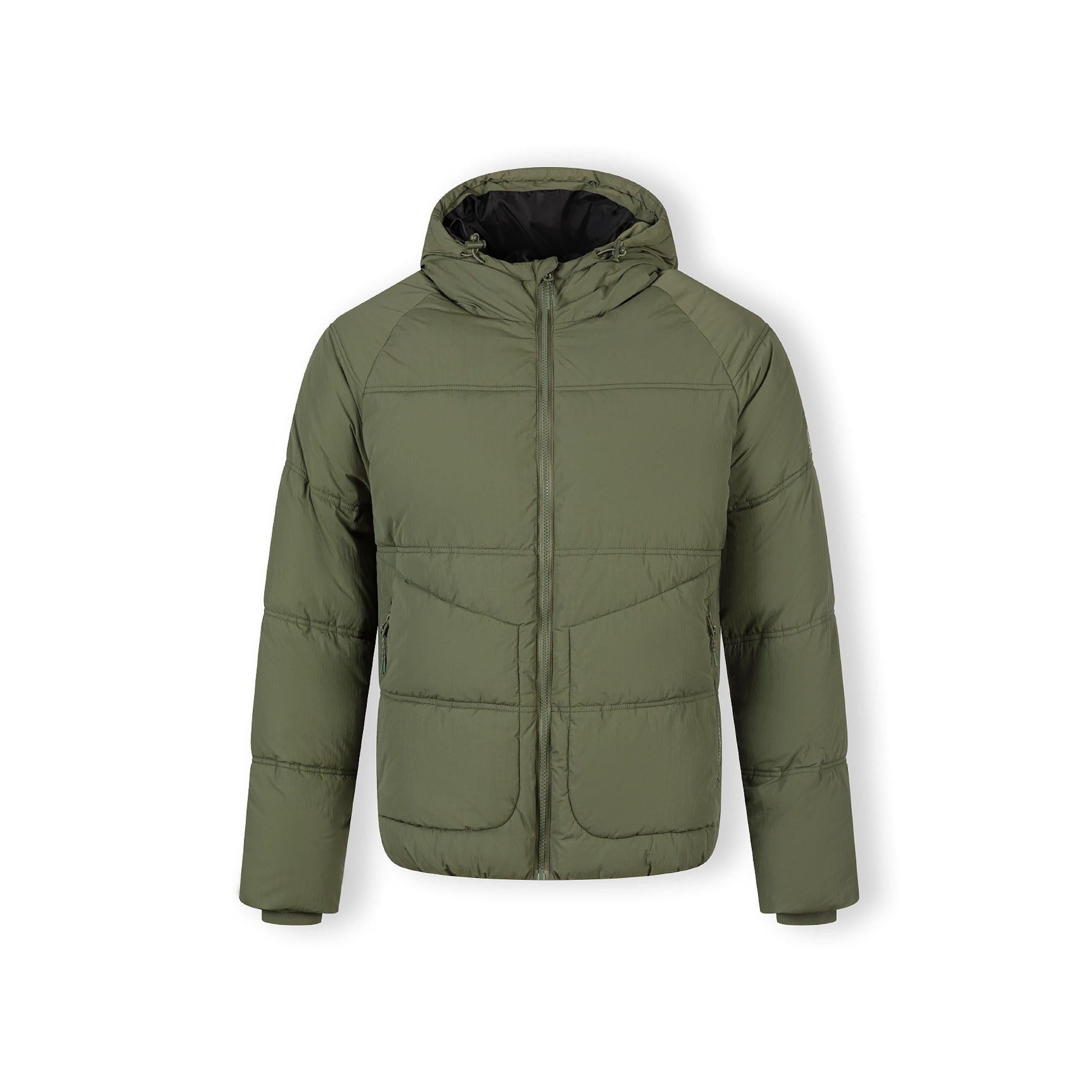 Boys khaki quilted jacket with raglan sleeves, hood, high collar, elasticated cuffs, and zipped pockets.