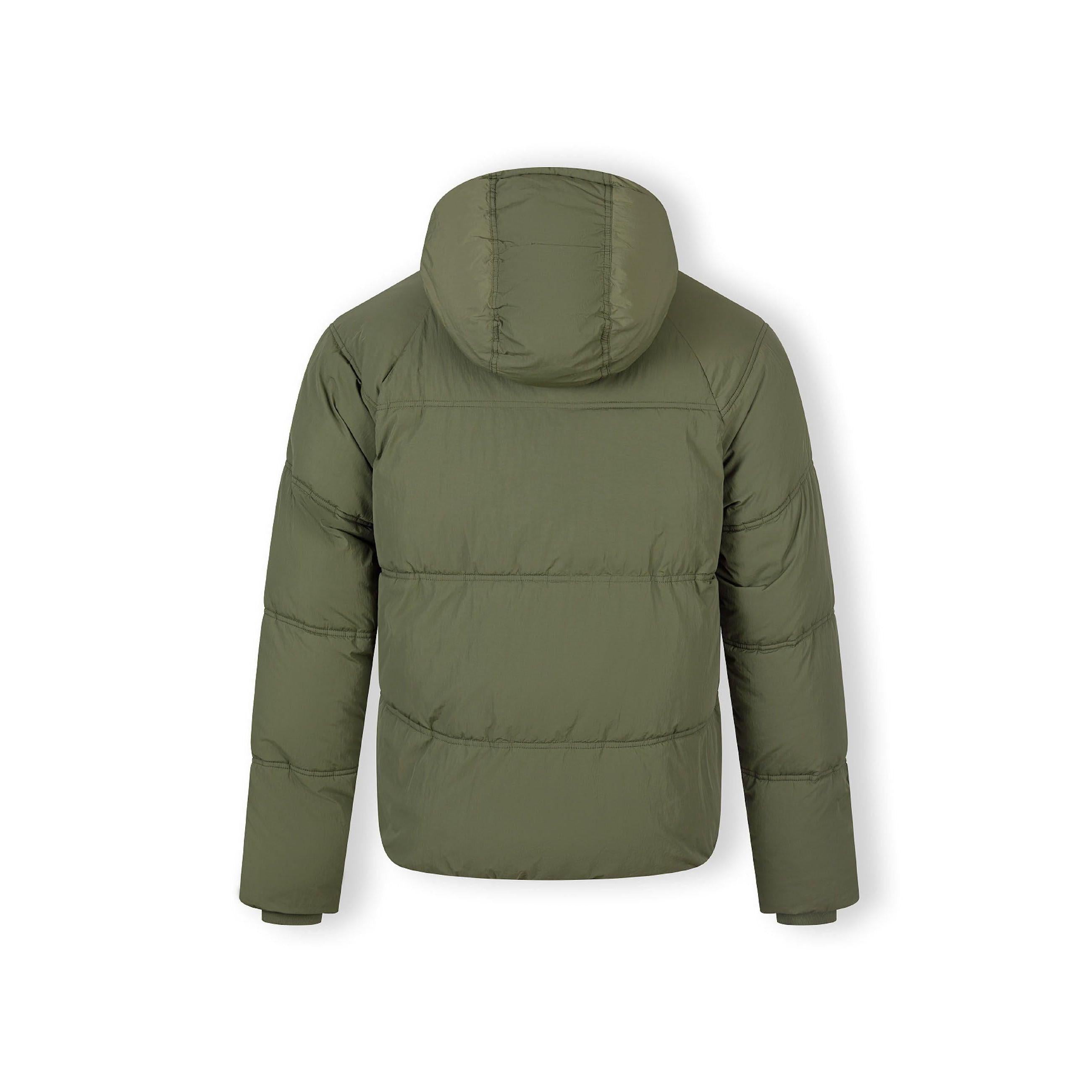 Boys khaki quilted jacket with raglan sleeves, hood, elasticated cuffs, and fitted hem.