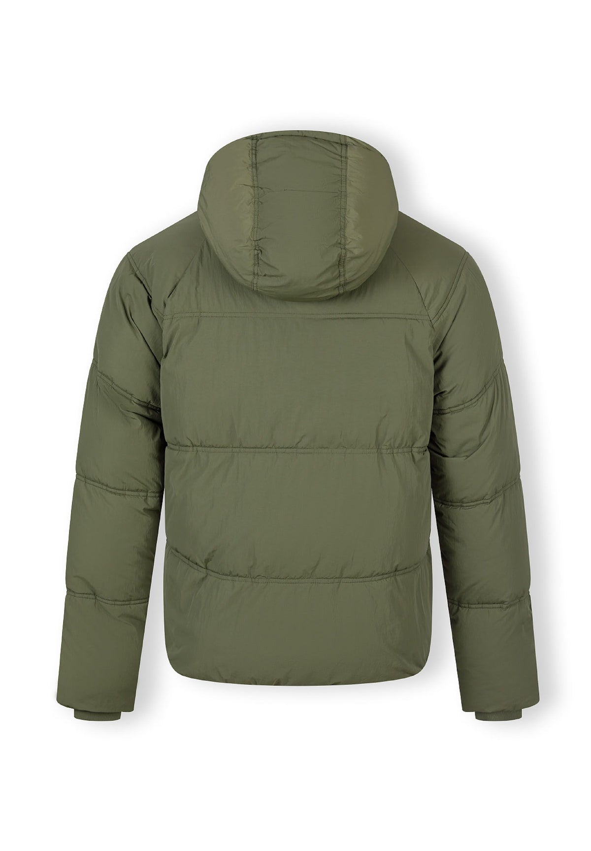 Back of a khaki puffer jacket.