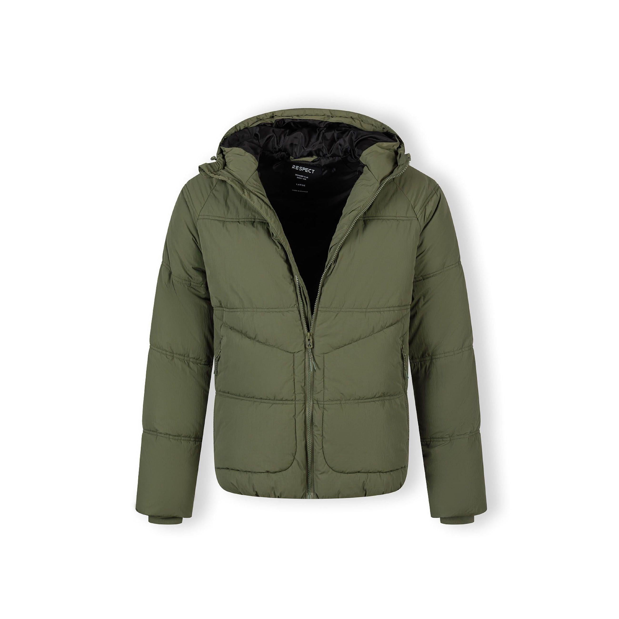 Same quilted jacket partially unzipped showing black interior lining and brand label, flat lay on white background