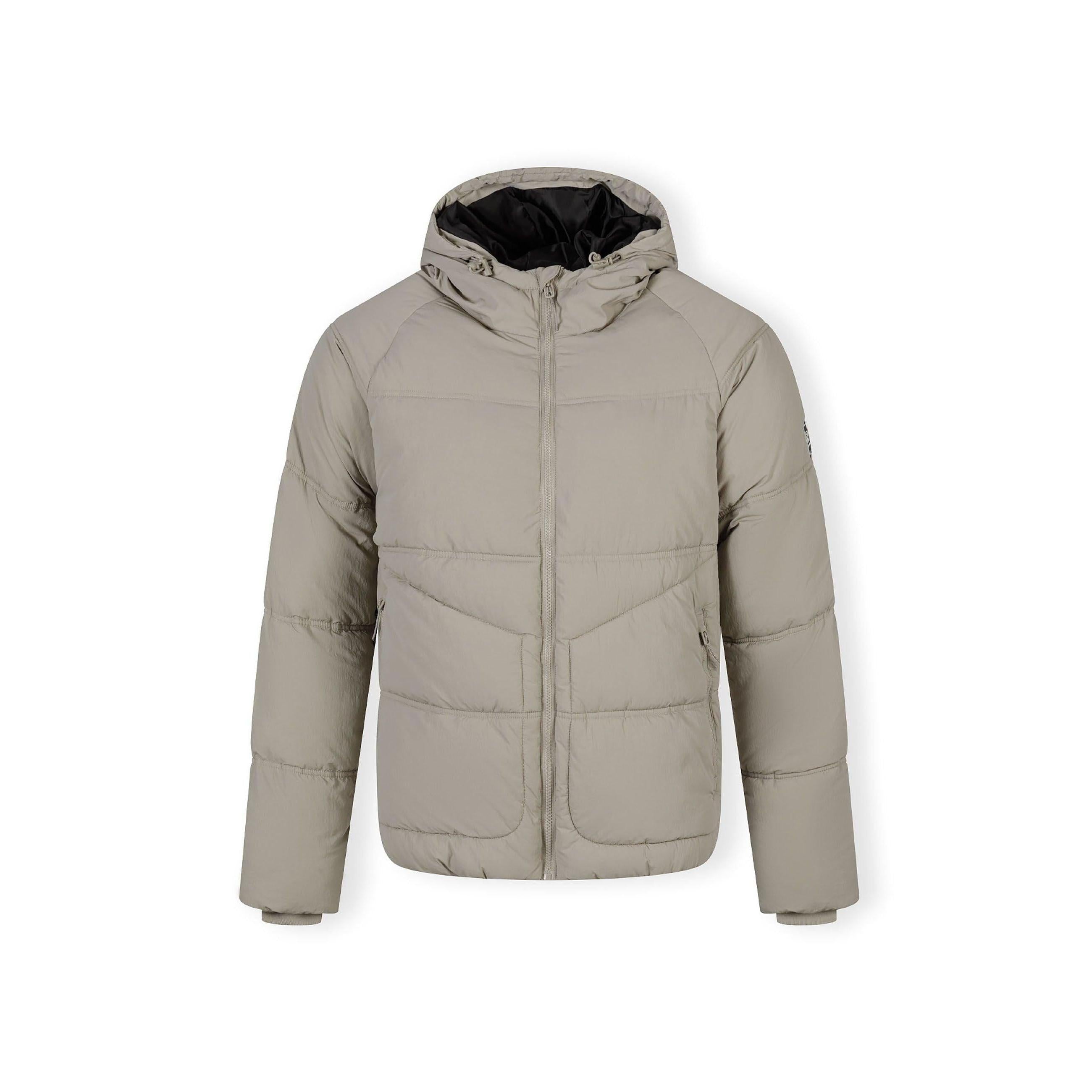 Boys grey quilted jacket with hood, zip pockets, and rubber patch.