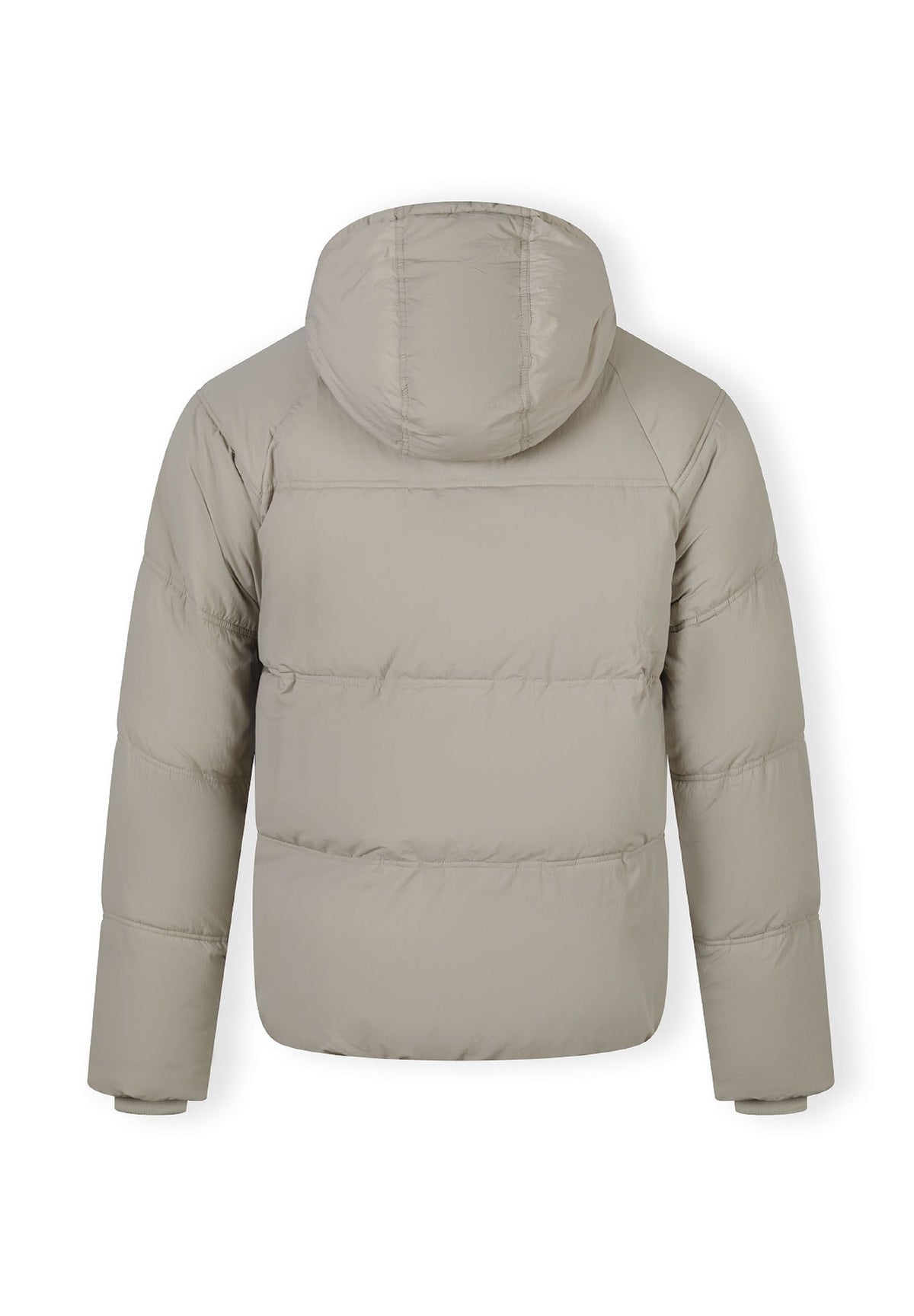Back of a light beige puffer jacket.