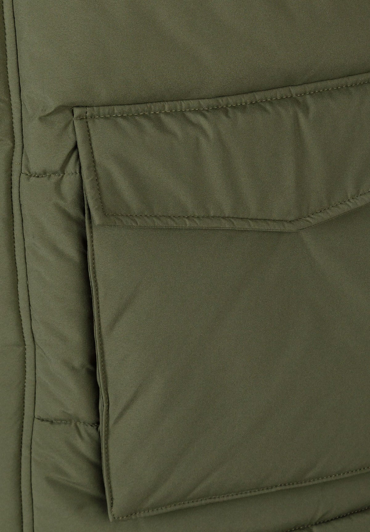Close-up of the pocket on the khaki padded parka.