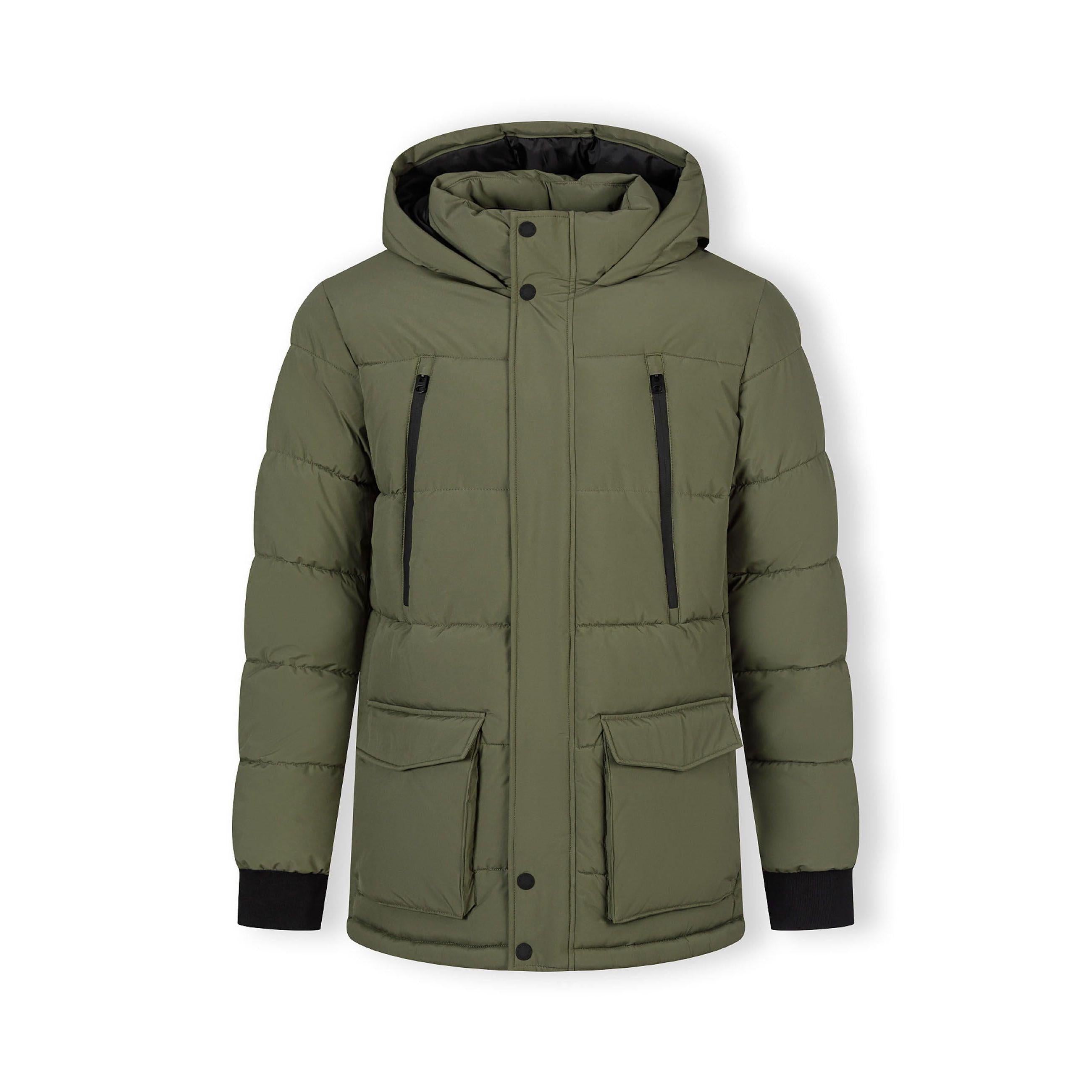 Men's khaki long quilted jacket with fleece lining, hood, zip pockets, and snap-button placket.