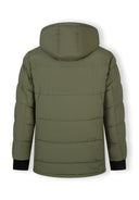 Men's long khaki jacket, back view, features a fixed hood and quilted design.