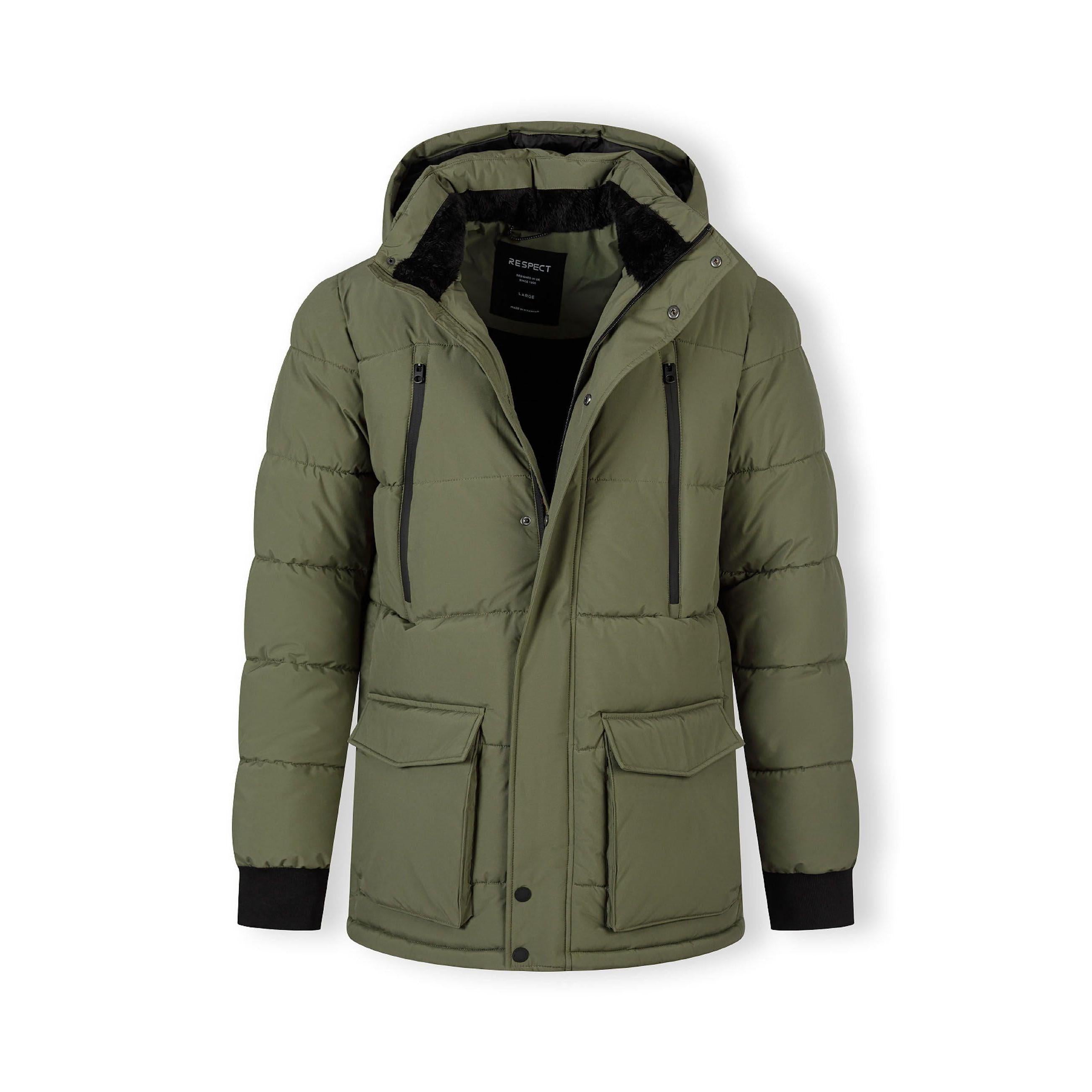 Khaki quilted puffer jacket laid flat showing full design with hood, multiple pockets and fleece lining visible inside