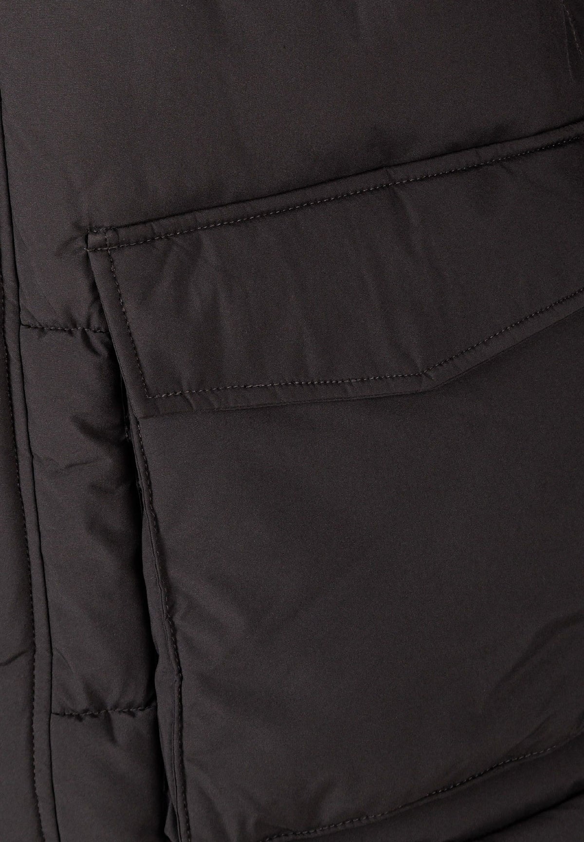 Close-up of the pocket on the dark grey padded parka.