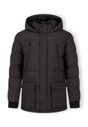 Men's long grey jacket with fleece lining, fixed hood, and waterproof zip pockets, front view.