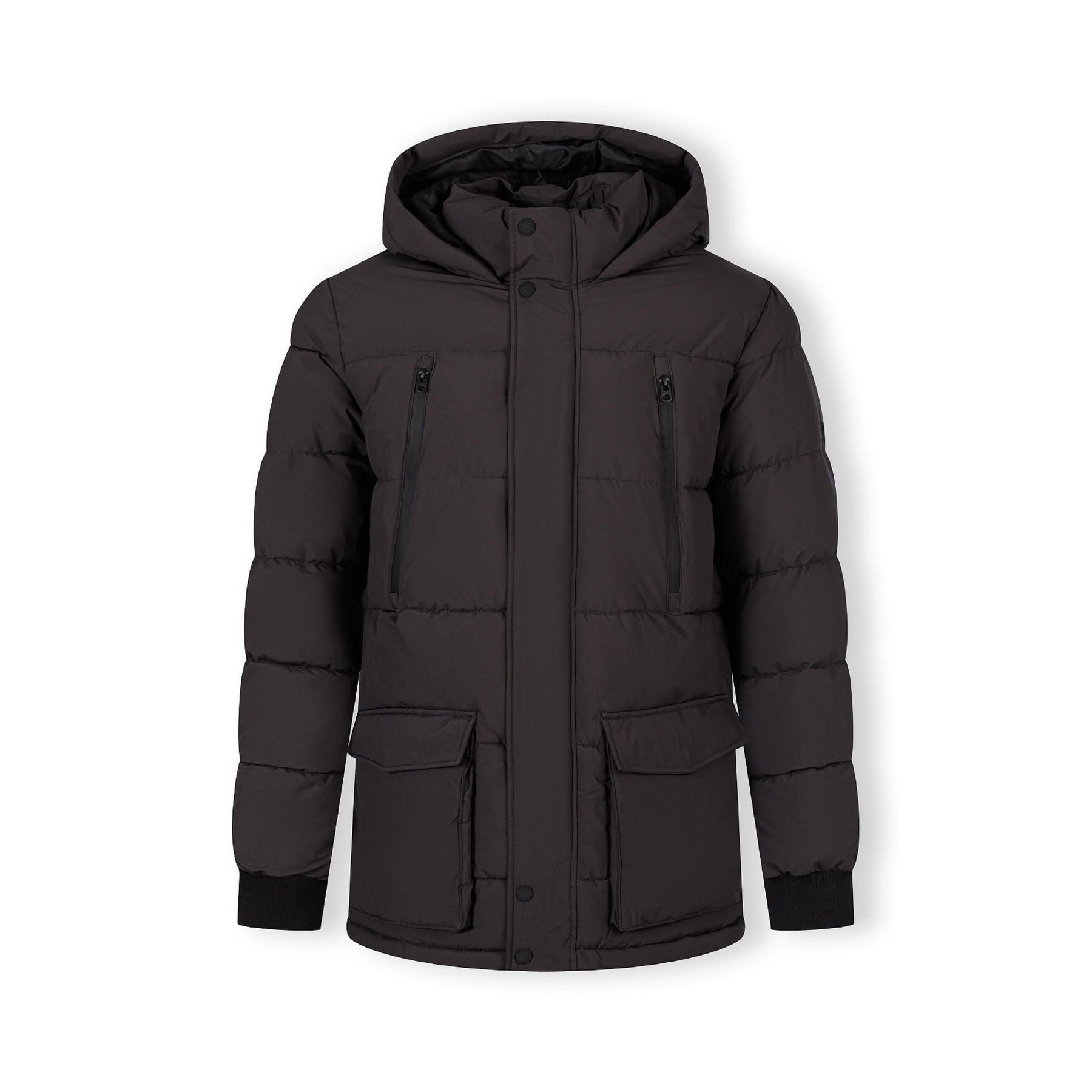 Grey padded jacket laid flat showing front view with hood, zip closure and multiple pockets on white background