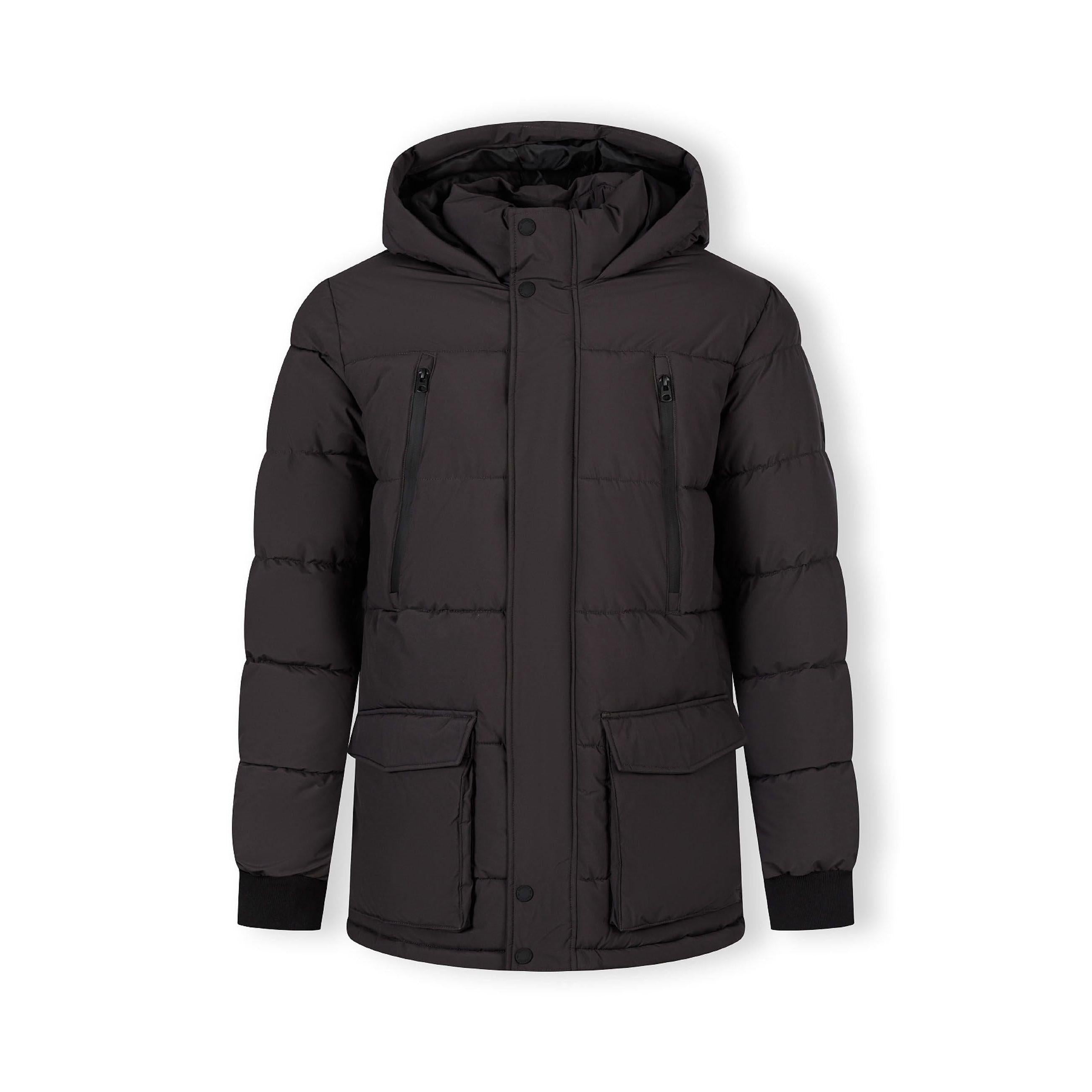 Men's long grey jacket with fleece lining, fixed hood, waterproof zip pockets, and elasticated cuffs.