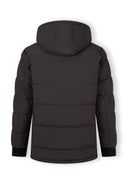 Men's long grey jacket, back view, featuring a fixed hood and elasticated cuffs.