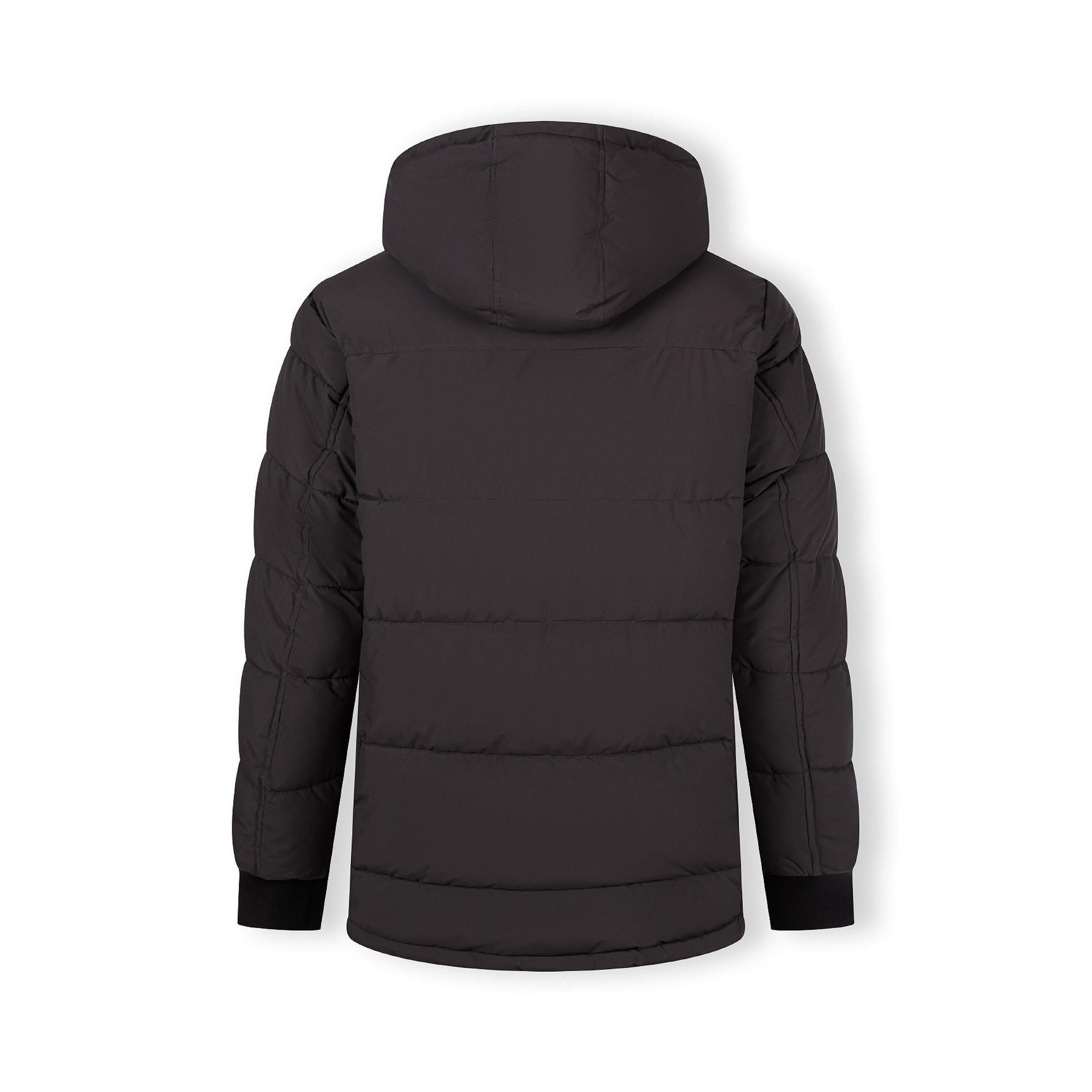 Close-up detail of grey padded jacket showing quilted pattern and small branded label patch