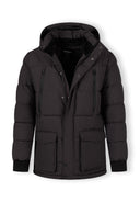 Men's long grey jacket with fleece lining, fixed hood, and waterproof zip pockets, front view.