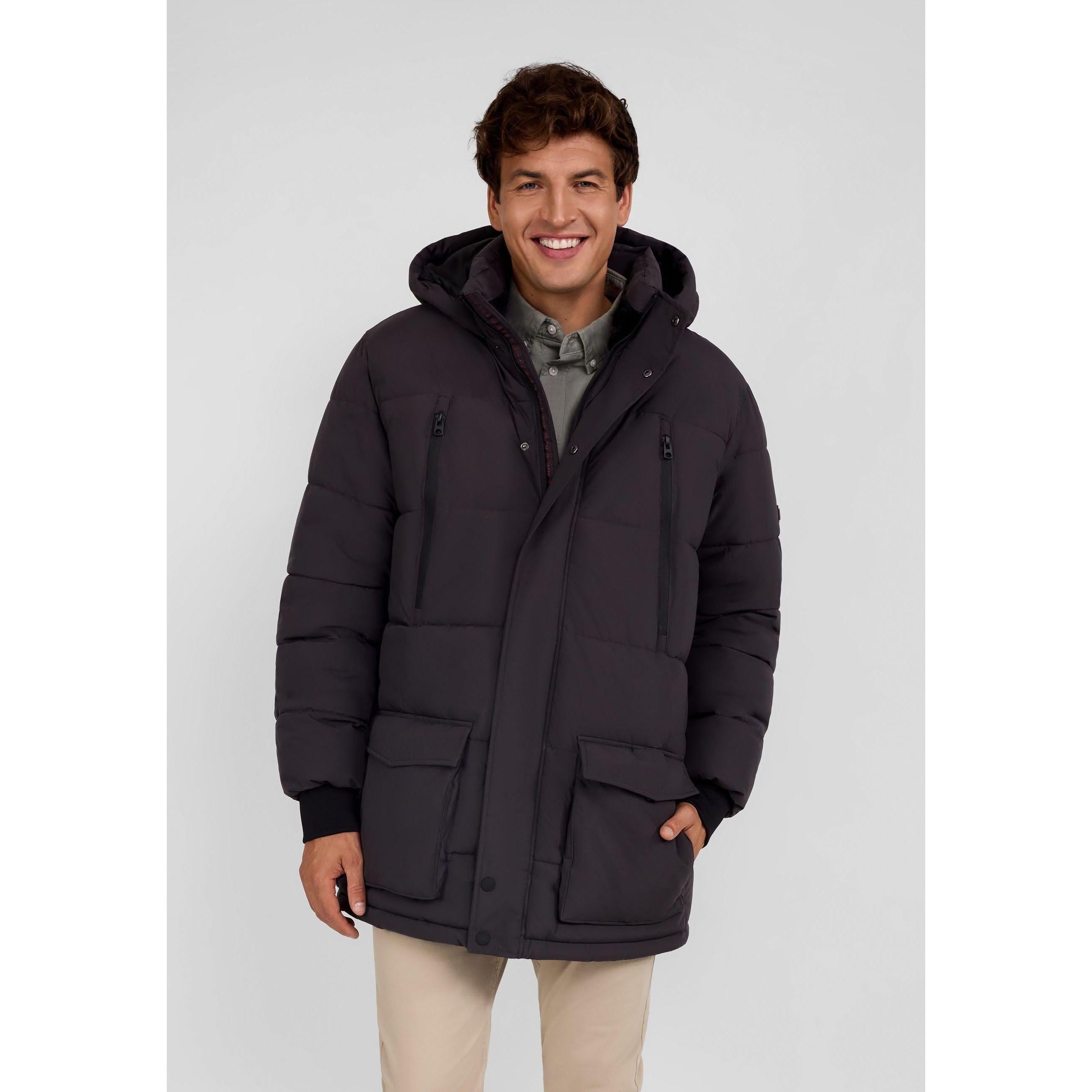 Men's grey long jacket with fleece lining, fixed hood, waterproof zip pockets, and snap-button placket.