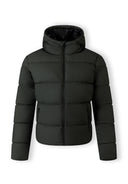 Men's khaki padded jacket, front view, with hood and zip pockets.