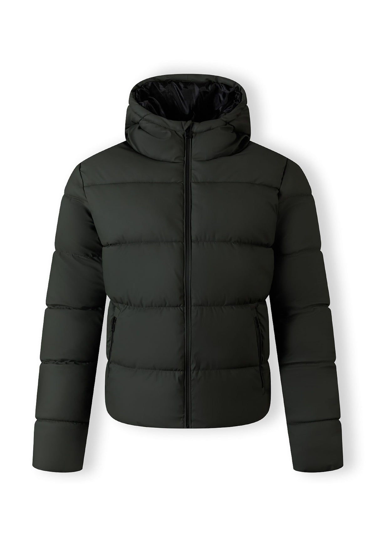 Front of a dark khaki puffer jacket.