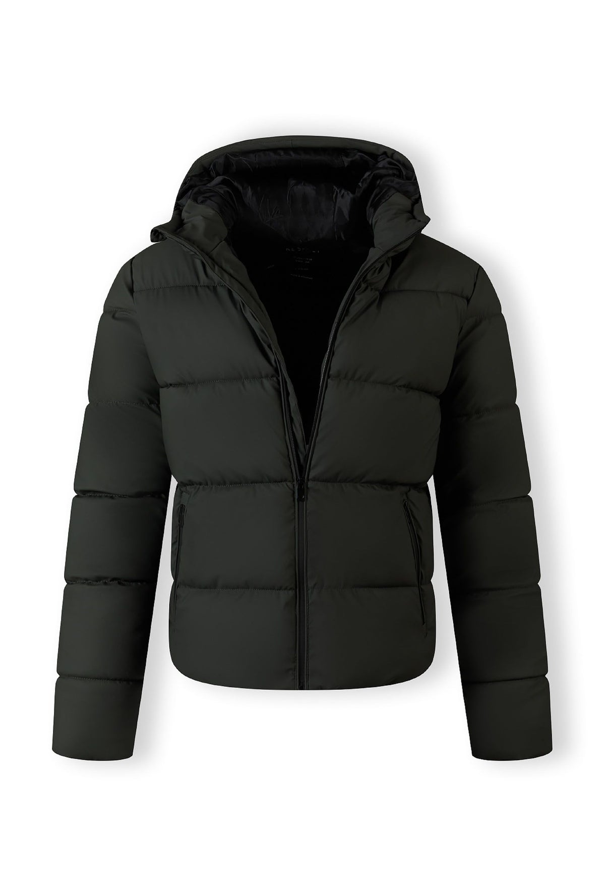 The dark khaki puffer jacket shown open to reveal the inside.