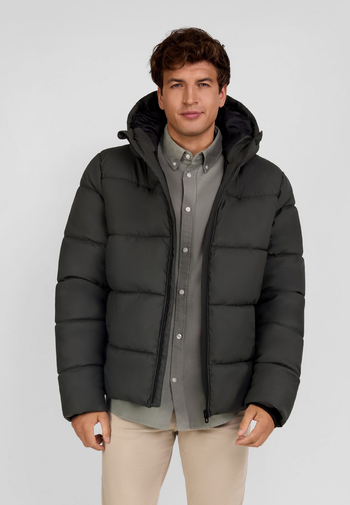 Men's dark khaki puffer jacket, shown worn.