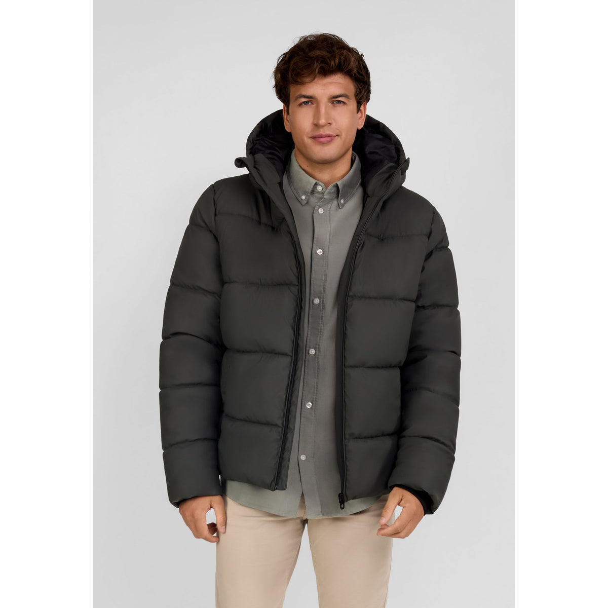 Men's puffer jacket in dark khaki — complete product view for square Shop card