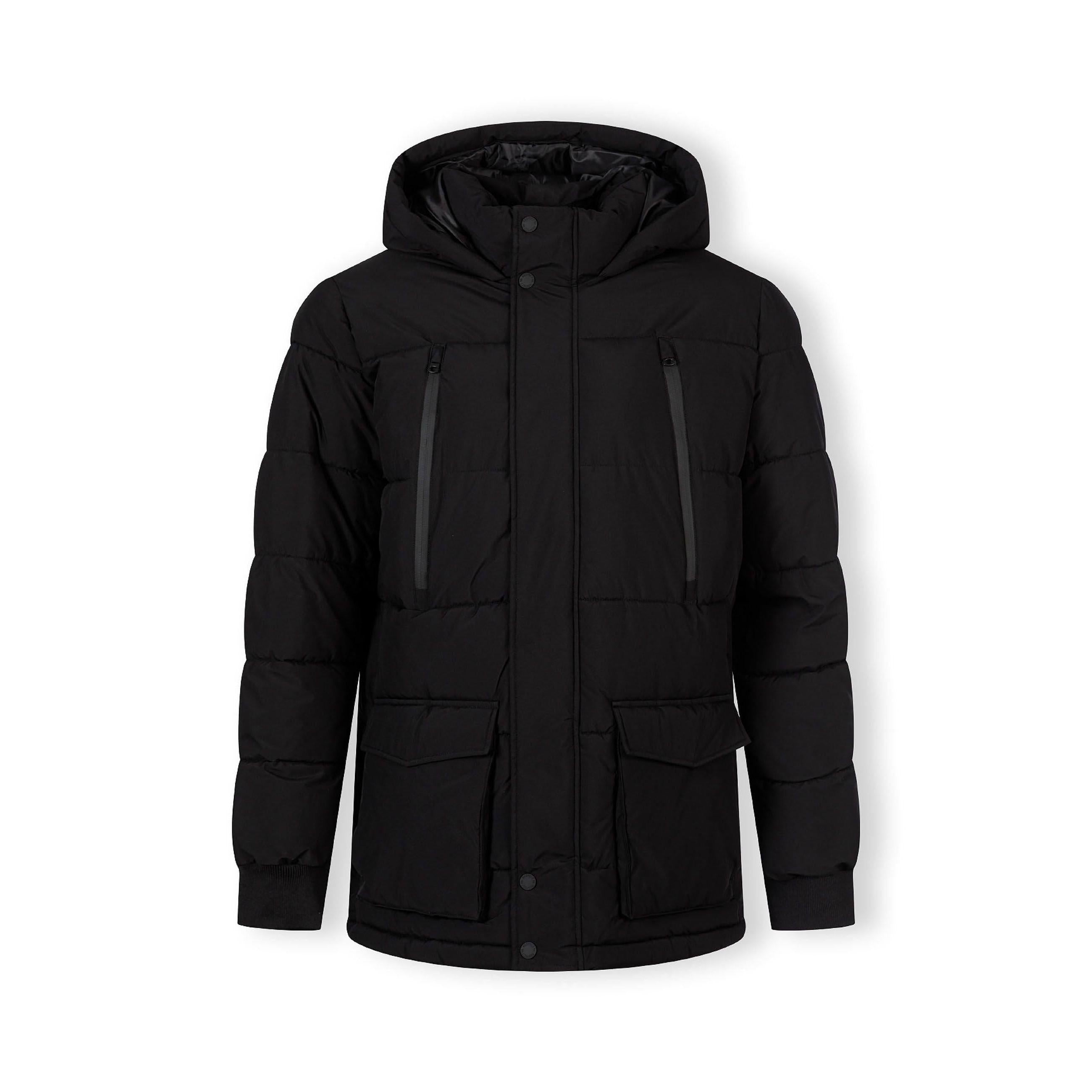 Men's black quilted long parka with fleece lining, hood, zip and snap closure, and multiple pockets.