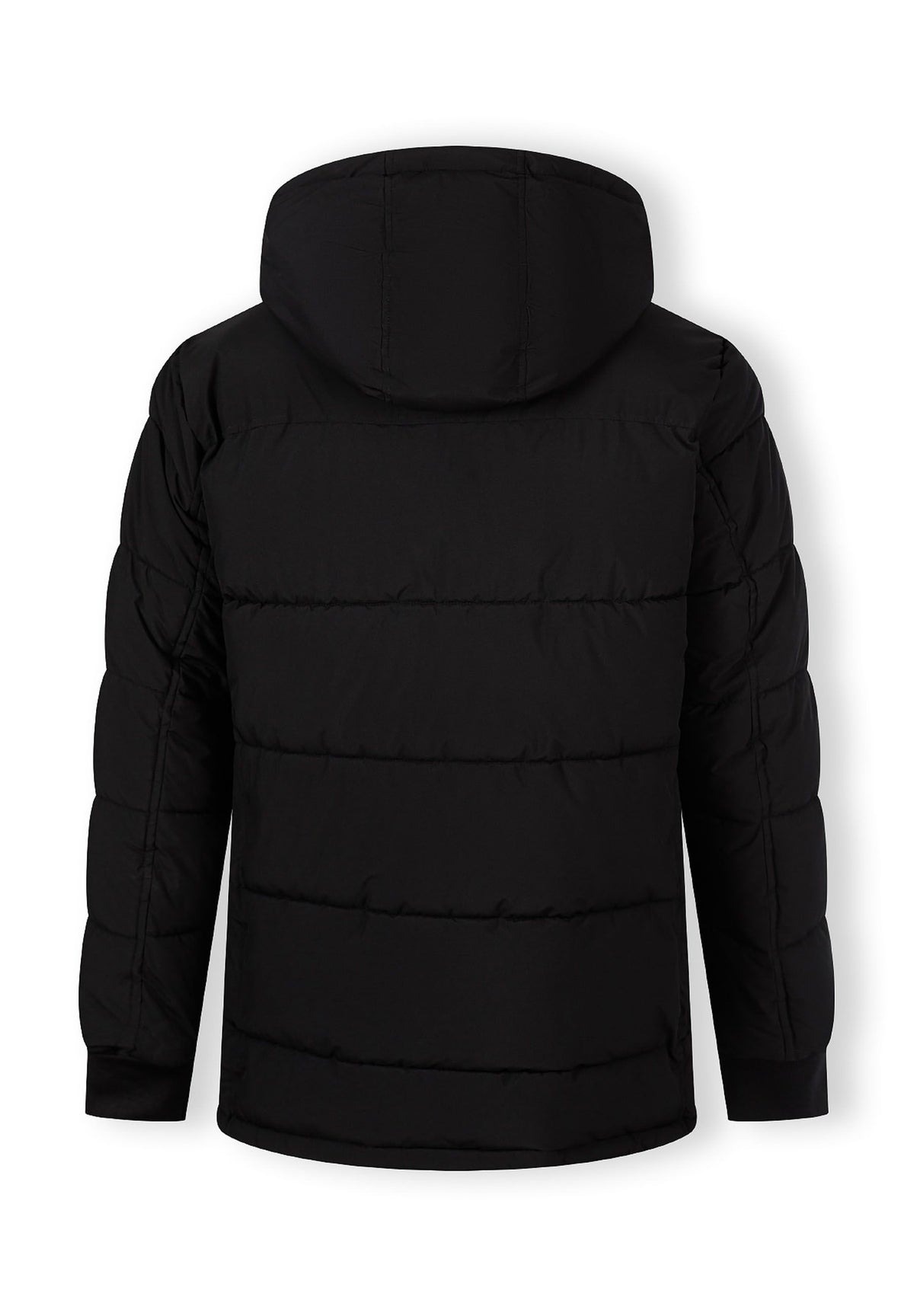 Back of a black padded parka.