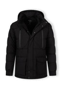 Men's black long parka, front view, featuring a fixed hood and two chest pockets.