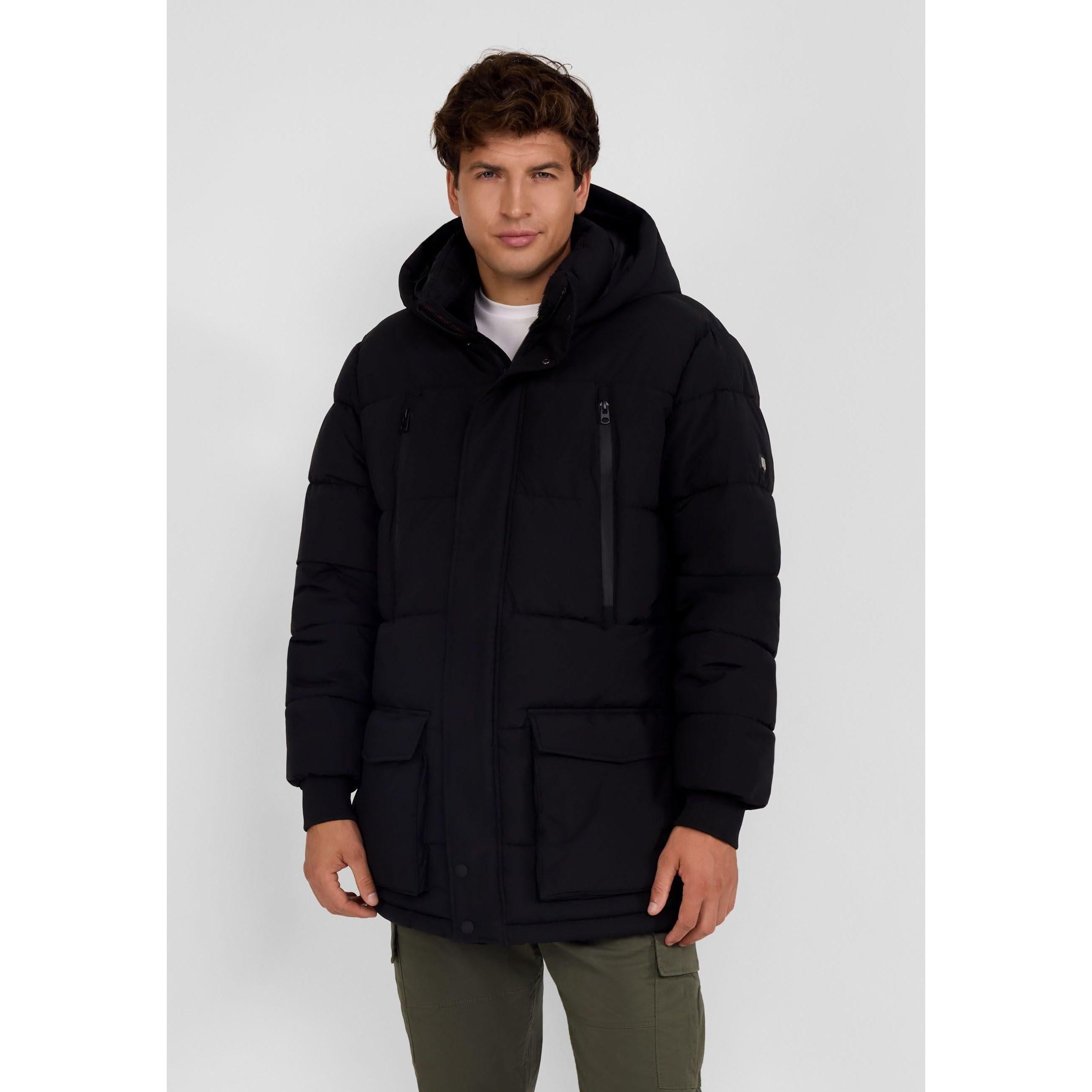 Men's black long quilted parka with fleece lining, fixed hood, zip & snap closure, and multiple pockets.