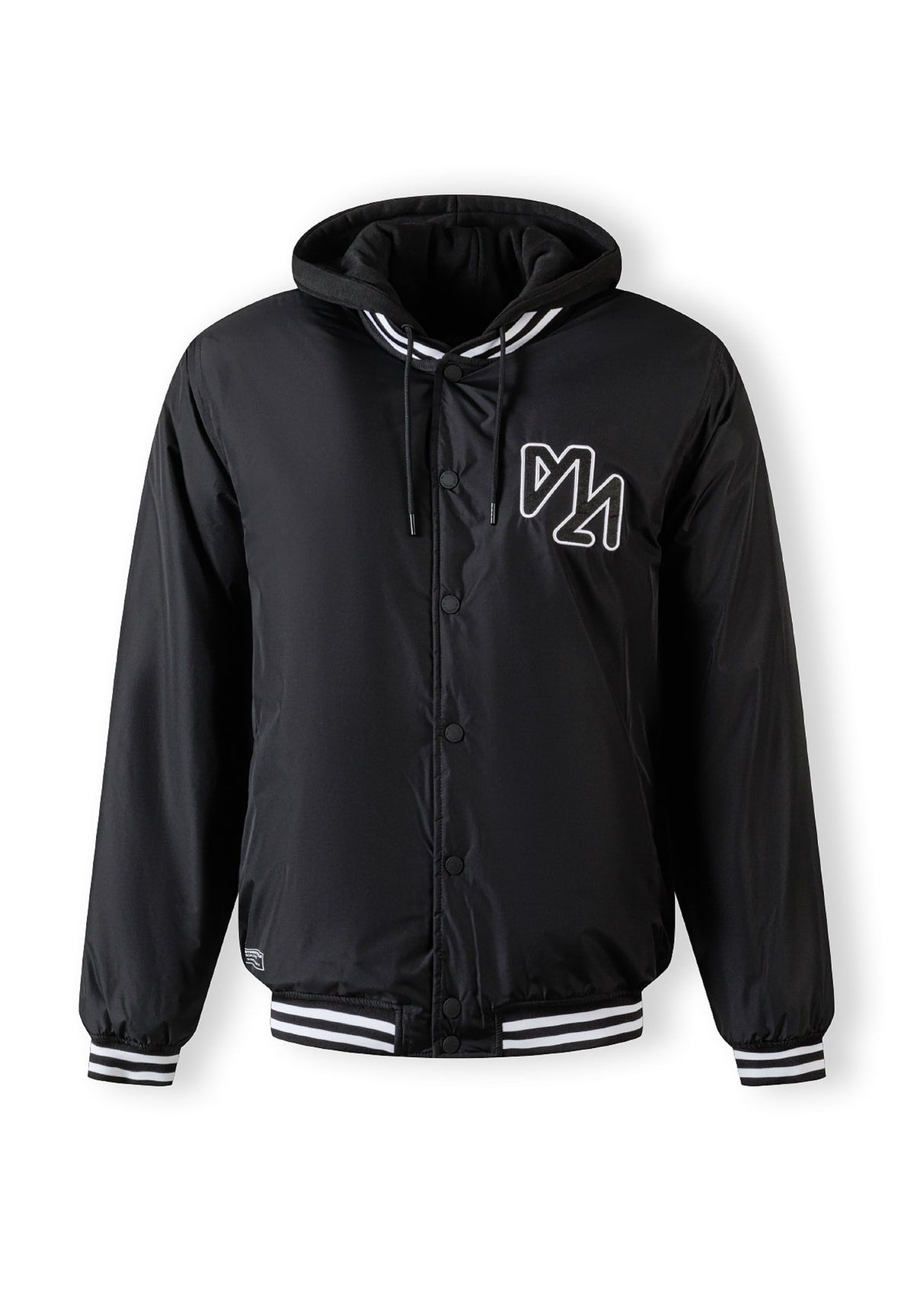 Front of a black varsity jacket.