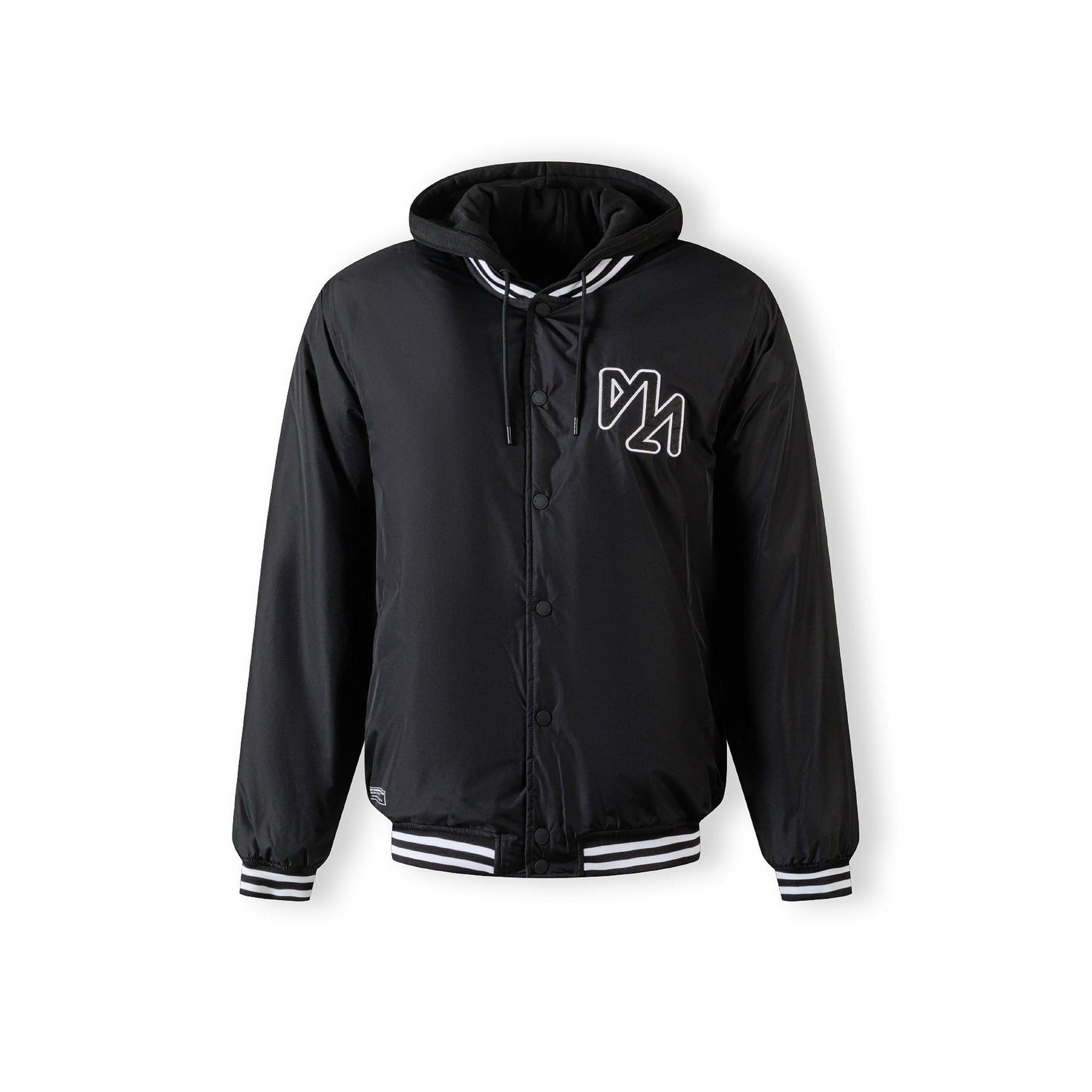 Black bomber jacket laid flat showing front view with press stud closure, white striped ribbed collar and cuffs, white background