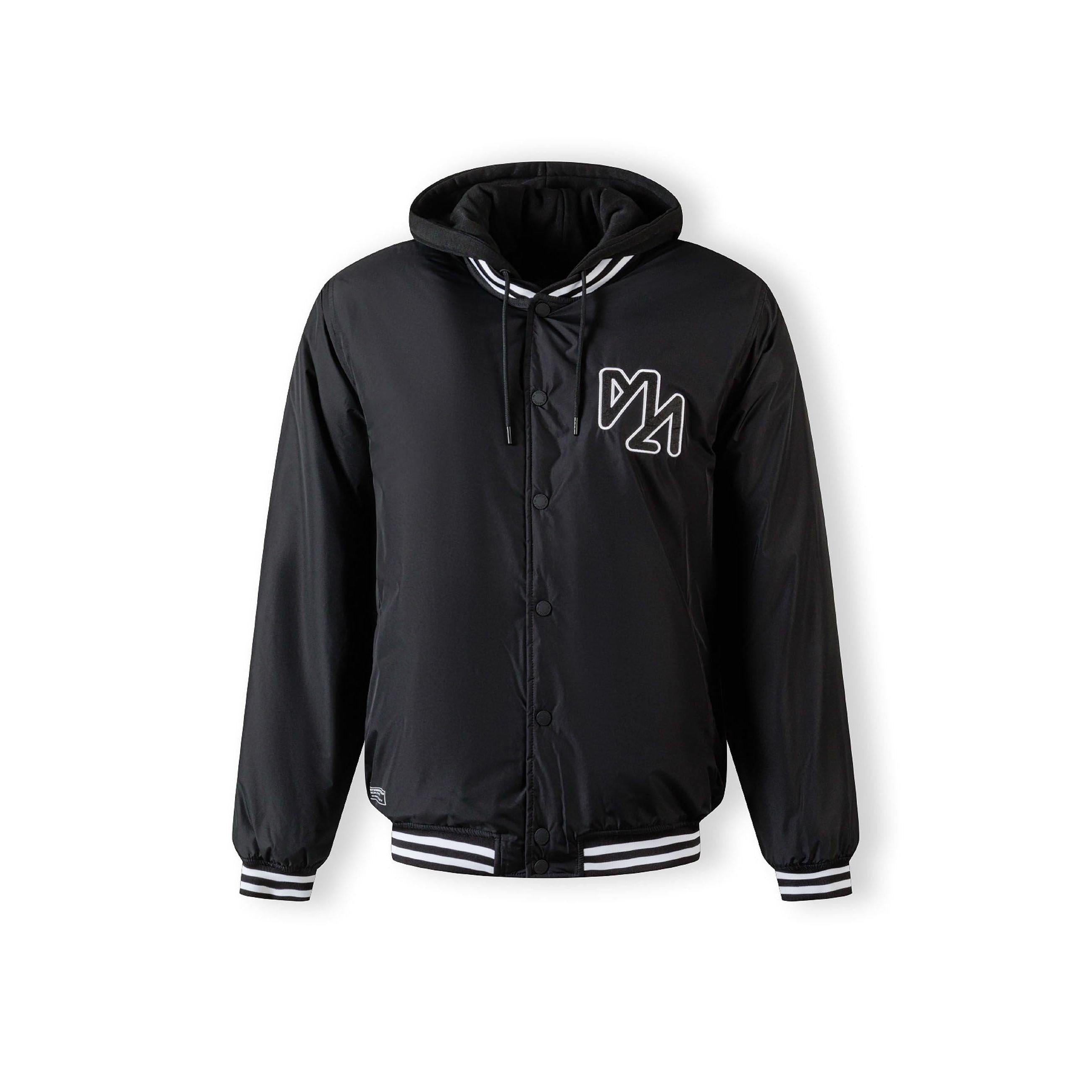 Men's black baseball jacket with detachable hood, white striped ribbed trim, and chest embroidery.