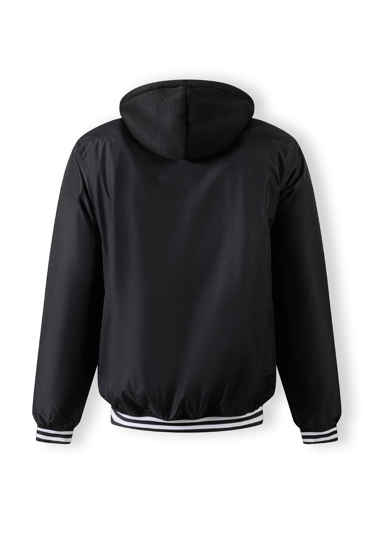 Back of a black varsity jacket.