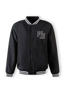 Men's black baseball style jacket with ribbed cuffs and waistband, featuring a logo.