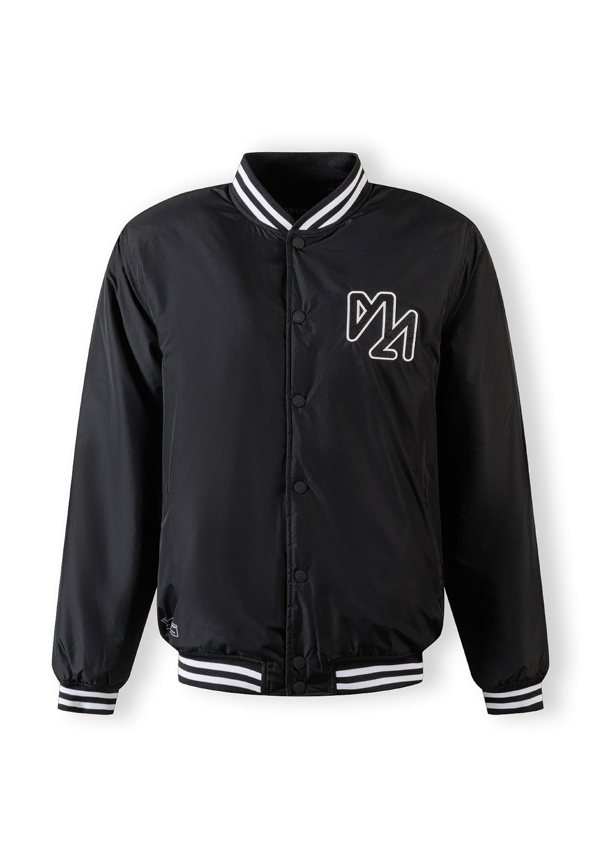Front of the black varsity jacket, with the hood removed.