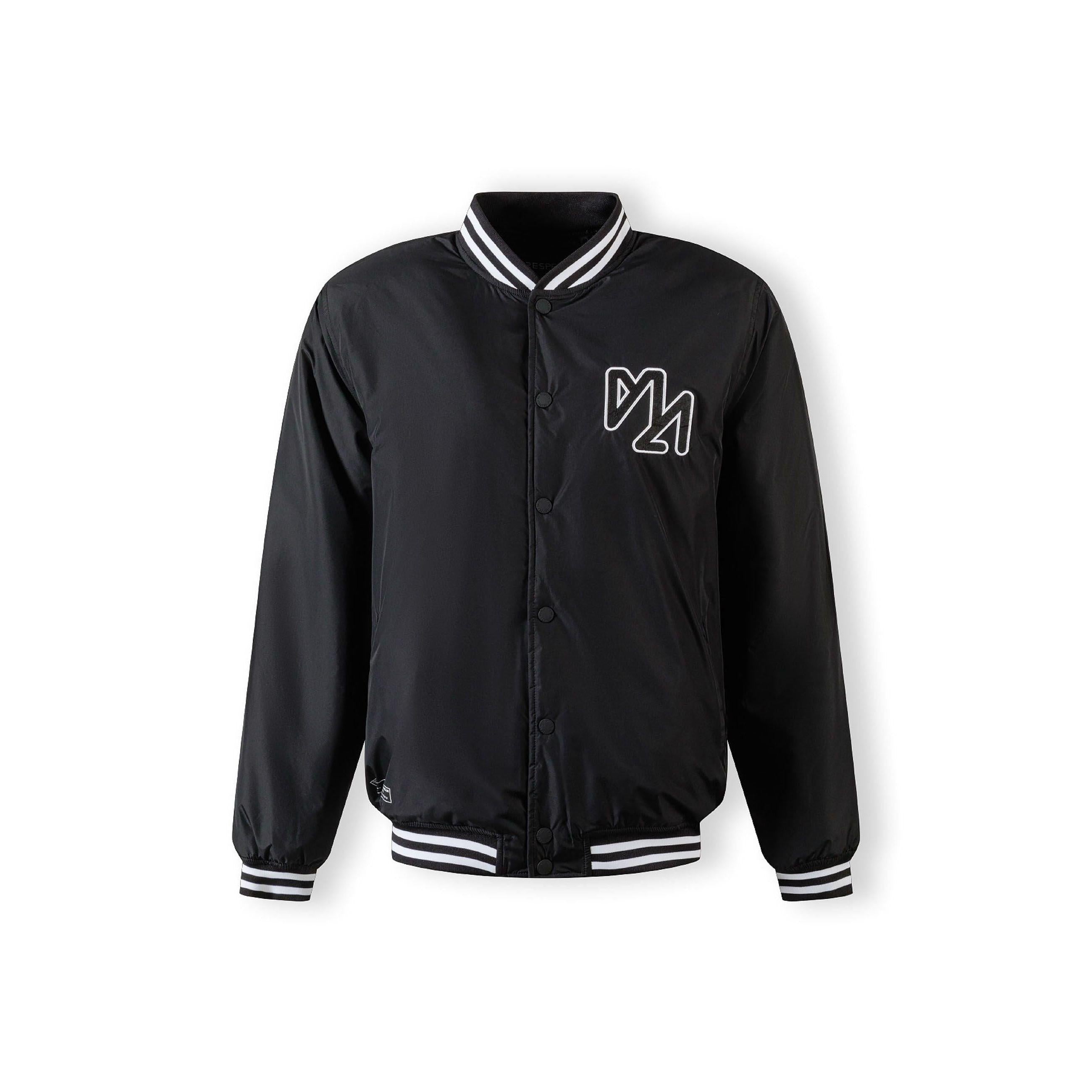 Black bomber jacket laid flat showing front view with press stud closure, white striped ribbed collar and cuffs, white background