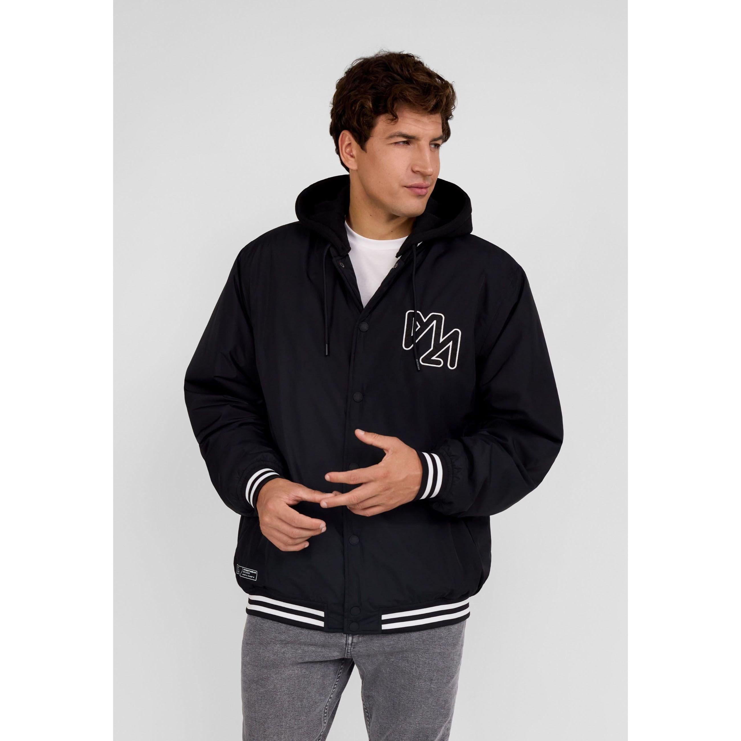 Men's black baseball jacket with detachable hood, white chest embroidery, and striped ribbed trim.