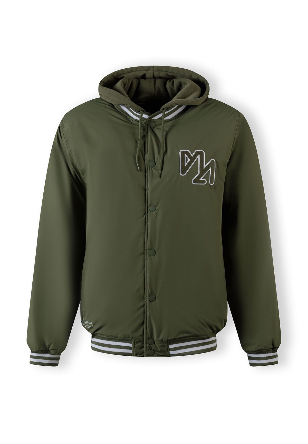 Front of a khaki varsity jacket.