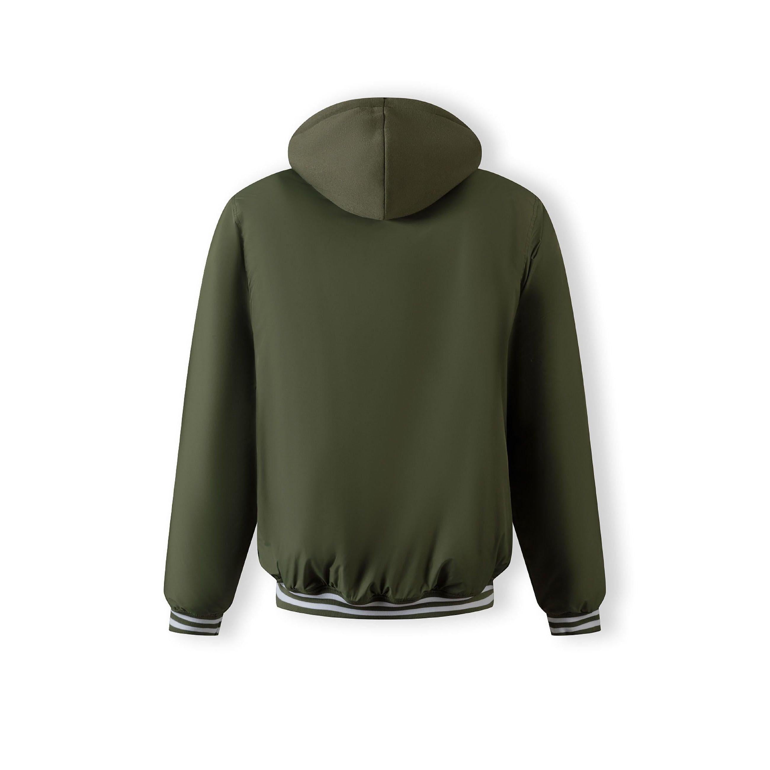 Close-up detail of khaki jacket showing zip pocket, button closure and ribbed trim construction