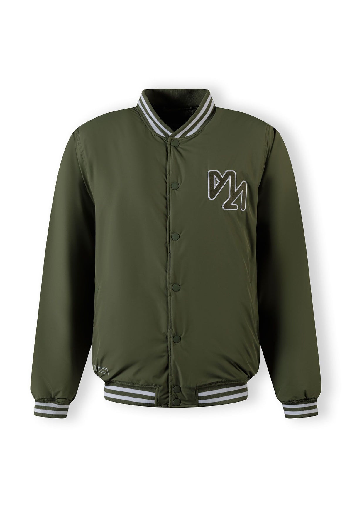 Front of the khaki varsity jacket, with the hood removed.
