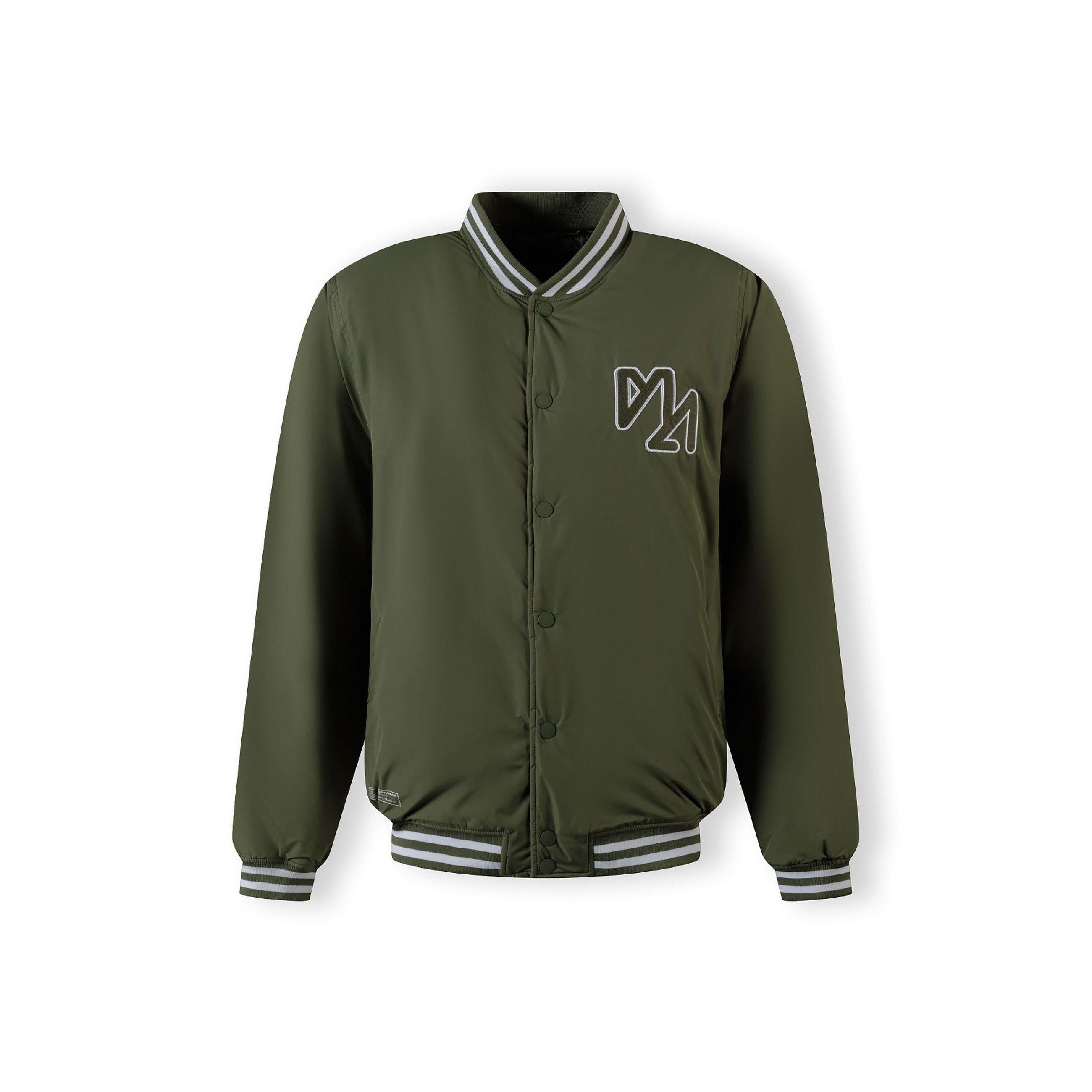 Flat lay of khaki bomber jacket showing front view with button closure and chest logo detail on white background
